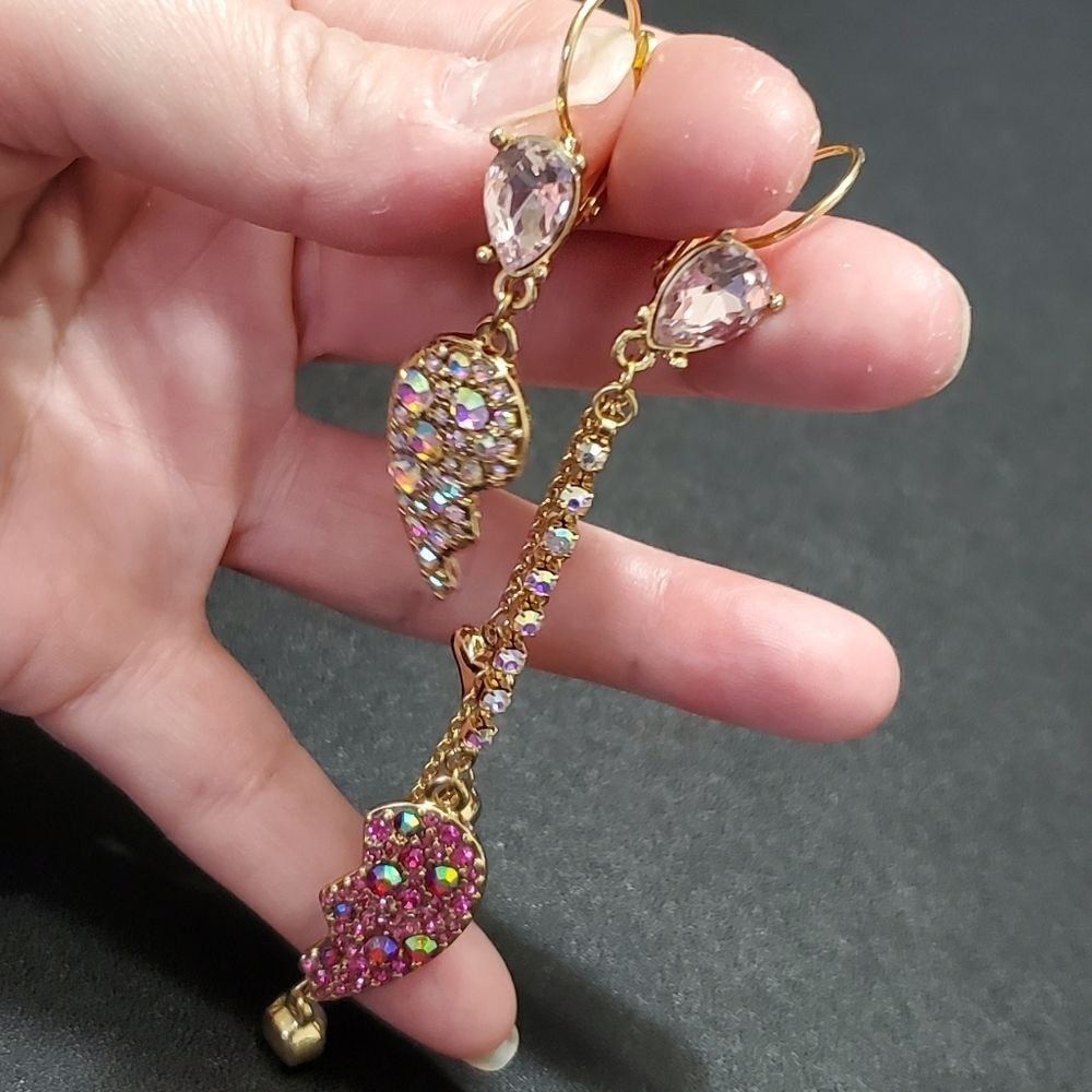 *Sale* Gold tone broken heart rhinestone earrings asymmetrical
